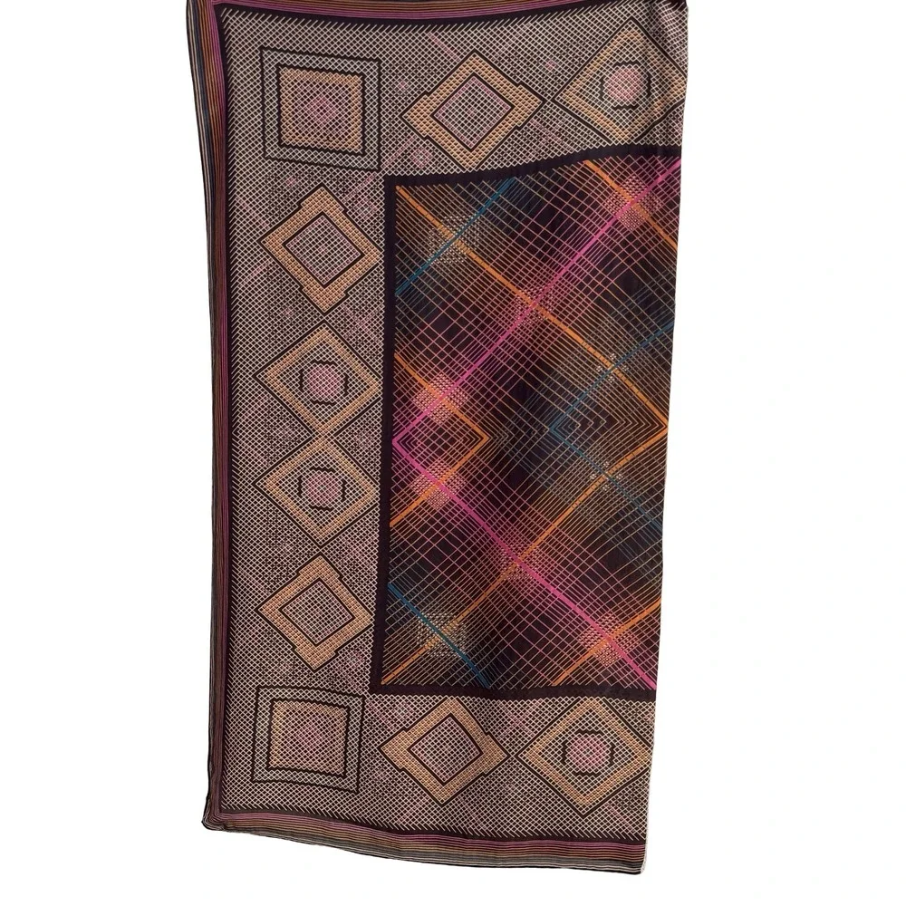 Vintage Geometric Diamond Grid Silk Scarf Brown Orange Pink Hand Rolled Edge
